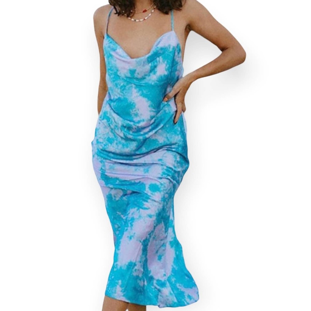 Privacy Please Revolve Sabrina Midi Dress in Lilac & Turquoise Size XL